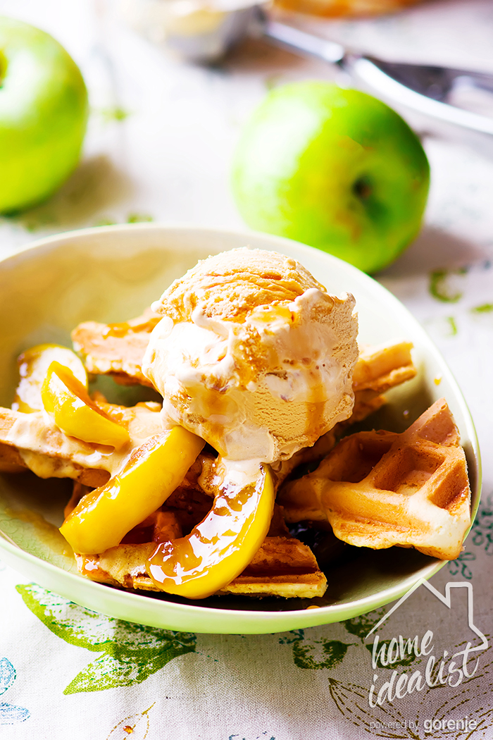 waffle with caramel apples and ice cream.selective focus