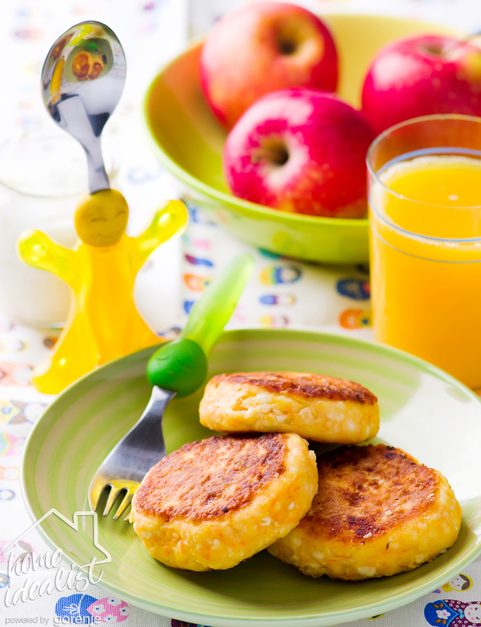 cottage cheese pancakes with carrot .kids breackfast.selective focus